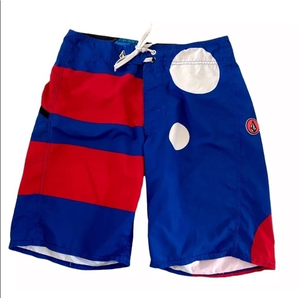Mens Volcom Sz 31 Board Shorts Surf Swim Trunks Blue Logo Zip Pocket - Picture 1 of 9